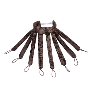 Heatless hair curler with eight dark brown satin straps for overnight curls