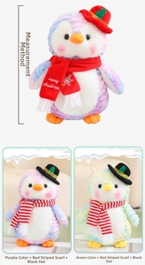 Detailed comparison of colorful tie-dye plush penguins with Christmas hats and scarves