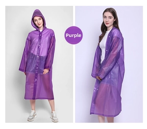 Detail of purple translucent EVA raincoat with hood and snap buttons for outdoor travel