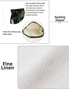 Détail de trousse à maquillage à motif de feuilles avec fermeture éclair et lin fin