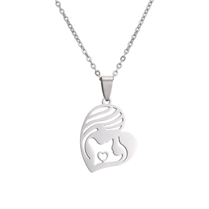 Silver stainless steel heart necklace featuring mother and child silhouette pendant