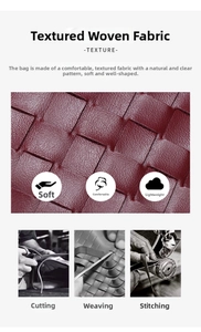 Detailed view of dark red woven faux leather fabric and professional handmade stitching