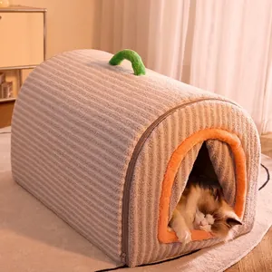 Warm Pluche Huisdier Huis Bed Afneembaar Wasbaar Binnen Kattennest Hondenmand Draagbaar Handvat Gestreept Stip Antislip Winter