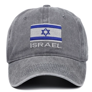 Grey washed cotton baseball cap with embroidered Israel flag and white text logo