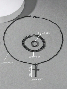 Detailed dimensions of black cross pendant necklace, bracelet and ring jewelry set