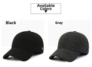 Detail view of thickened winter baseball caps in black and dark grey wool-like fabric