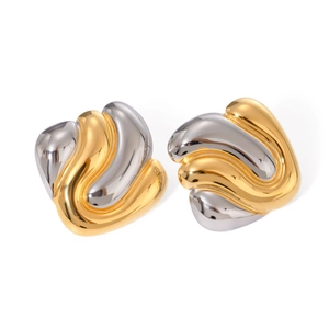 Modern two-tone geometric stud earrings with polished wavy design in gold and silver