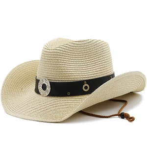Classic straw western cowboy hat in beige with black faux leather band and metal rivets