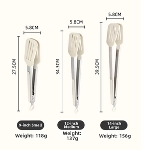 Detailed size chart for stainless steel and silicone kitchen tongs in three sizes
