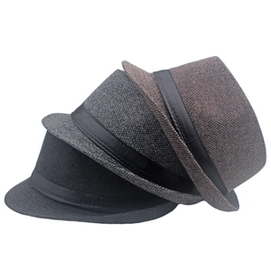 Close-up of three men's fedora hats in black, grey and brown wool blend with satin bands