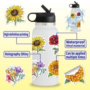 Detailed holographic flower stickers showing waterproof vinyl and shiny laser texture