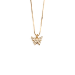 Close-up of golden butterfly pendant with sparkling micro-pave cubic zirconia crystals