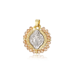 Two-tone St. Benedict religious pendant necklace with champagne beads on white background