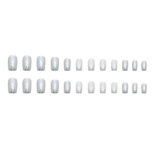 Short square press-on nails with silver glitter and white French gradient design