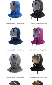 Detail view of winter fleece neck gaiter mask in six colors with adjustable drawstring