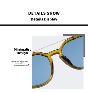 Detail showing amber aviator frames with blue lenses and minimalist temple design