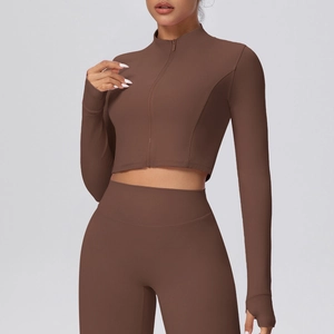 Kaffeebraunes Langarm-Yoga-Jacke und Leggings Sportset mit Daumenloch-Detail