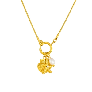 Gold snake chain necklace with round spring clasp, shell, starfish, and pearl pendants