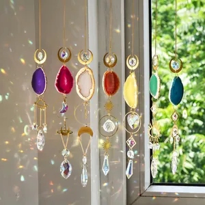 Chakra agate slice suncatcher set with brass moon and star icons for garden window decor