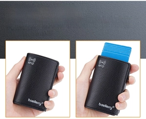 Black litchi grain RFID blocking card holder with automatic pop-up mechanism detail
