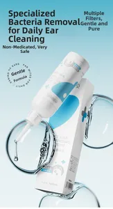 Rendering 3D di flacone detergente orecchie animali con sfondo blu e gocce di cristallo