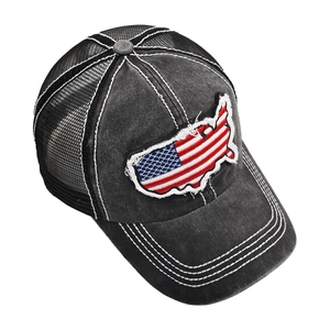 Distressed grey American flag baseball cap with mesh back and map embroidery