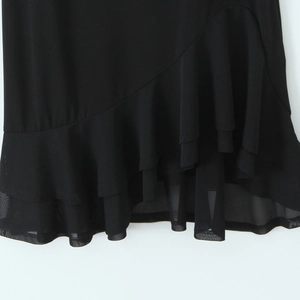 Sexy black bodycon chiffon maxi dress with ruffled hem and mesh patchwork details
