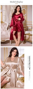Detail of silk-like satin sleepwear set with camisole top, shorts and lace-up robe