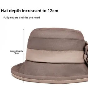 Détail de la calotte de 12 cm d'un chapeau de soleil marron avec nœud décoratif