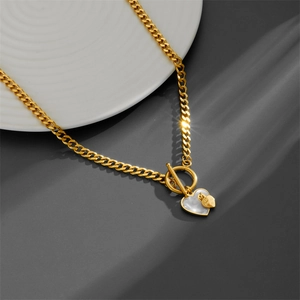 Gold OT buckle necklace with white shell heart pendant and Love Forever engraving