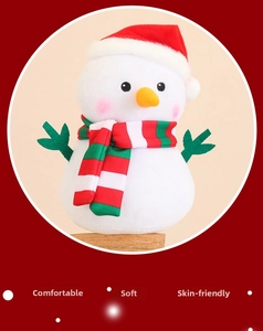 Detailed close-up of a plush Christmas snowman with a red hat and striped scarf