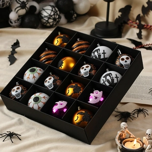 16-pack Halloween decorative balls with ghosts and skulls in a black gift box