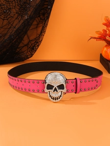 Ceinture gothique en cuir rose avec rivets et boucle en forme de crâne ornée de strass