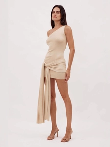 One Shoulder Knitted Mini Dress Asymmetric Bodycon Ribbed Tie Waist Elegant Slim Fit For Women Off White
