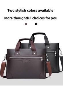 Detail view of lychee grain leather business briefcases in black and brown finishes