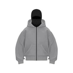 Gray street style zip-up hoodie with integrated black balaclava mask and double hood design