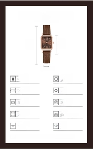 Detailed specs of the vintage square women's watch with rose gold case and leather strap