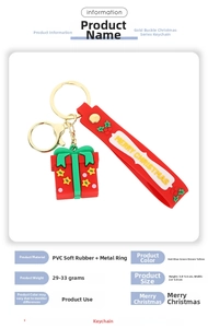 Detailed view of red Christmas gift box keychain with PVC wrist strap and golden metal ring