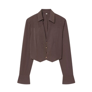 Camicetta Corta A Righe Da Donna Manica Lunga Scollo A V Spalline Camicia Poliestere Bottoni Dorati Top Chic Elegante