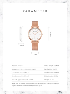 Paramètres de taille détaillés de la montre rose gold avec dimensions et spécifications
