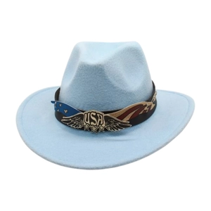 Detail of light blue felt cowboy hat featuring USA metal emblem and American flag band