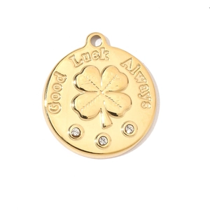 Detail of gold clover coin pendant with rhinestones and Good Luck Always engraving