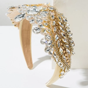 Luxury Baroque headband with sparkling crystals and gold beads on a beige base