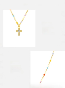 Detail of s925 silver gold cross pendant featuring colorful enamel beads and zircon