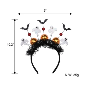 Halloween headband with black bat, white ghost, and orange disco balls on white background