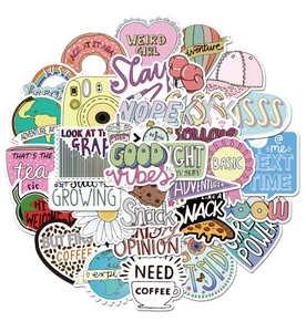 Detailed collection of colorful VSCO graffiti stickers featuring girl power and cool slogans