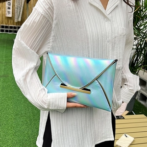 Holographic envelope clutch bag with golden metal trim for women's summer fashion