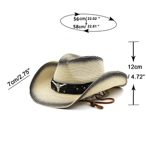 Western gradient woven straw cowboy hat with bull head ornament and adjustable chin strap