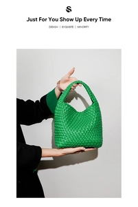Detail of the bright green woven hobo bag showing the intricate faux leather texture