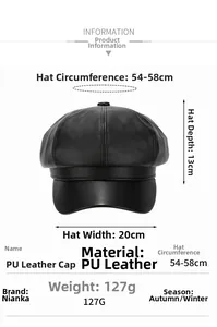 Detailed dimensions of black PU leather baker boy hat with 54-58cm head circumference